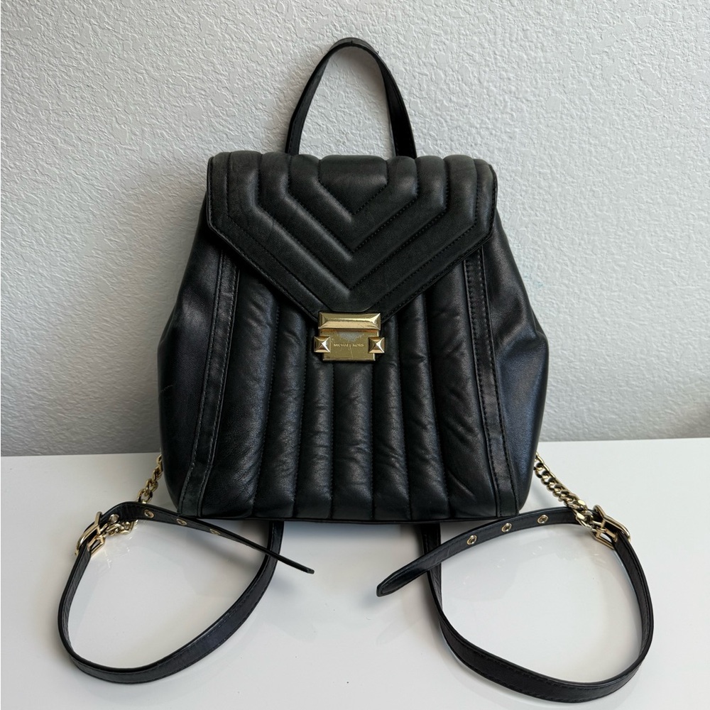Michael Kors Whitney Quilted Backpack Black Genuine Leather With Gold Hardware